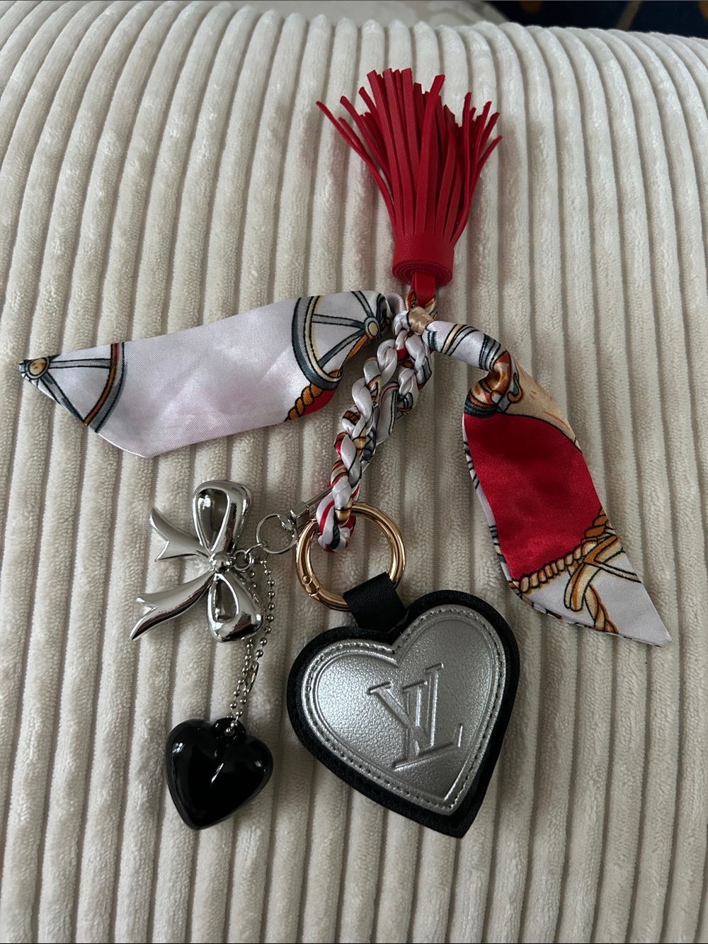 478. Upcycled Heart Bag Charm Keychain w/ Twilly, Bow & Tassel
